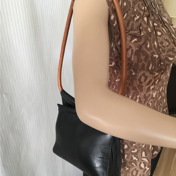 Black Leather  Bag with Tan Wood Handle - Picture 3 of 4